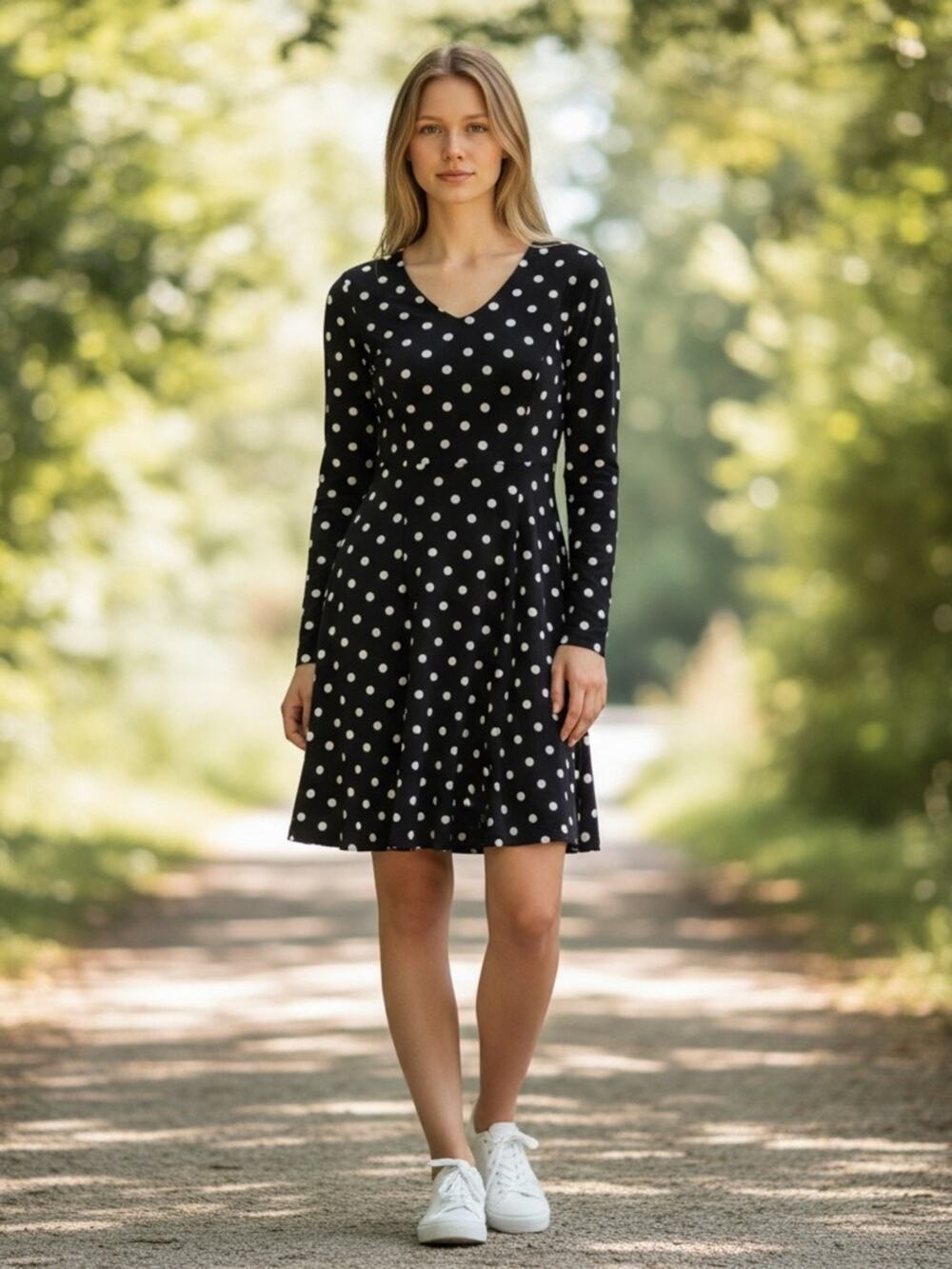 SUSAN GRAVER Women’s Small Black White Polka Dot 3/4 Sleeve Dress
